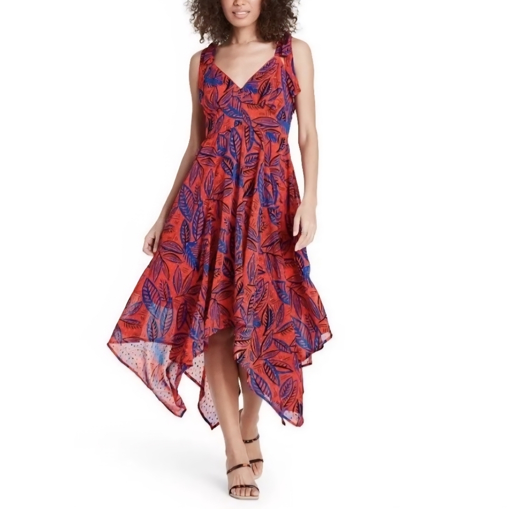 Alexis Target Asymmetric Orange Blue Botanical Midi Flowy Dress Sz. Small